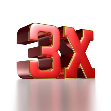 Beyaz arka planda 3X kırmızı ve altın kenarlı 3D çizimler işe yarıyor. Reklam tabelaları. Ürün tasarımı. Ürün satışları.