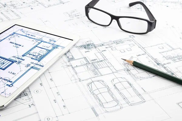 House blueprints and floor plan with tablet — Stock Photo, Image