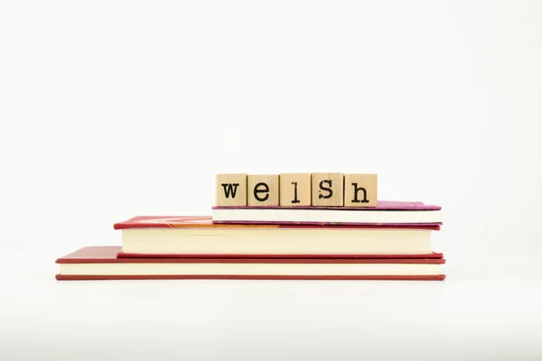 Welsh language word on wood stamps and books — Stock Photo, Image