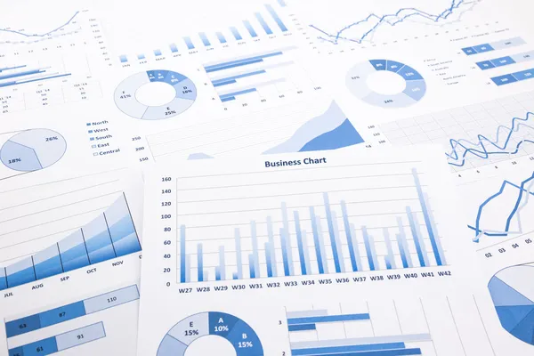 Blå business diagram, grafer, rapporter och pappersarbete — Stockfoto