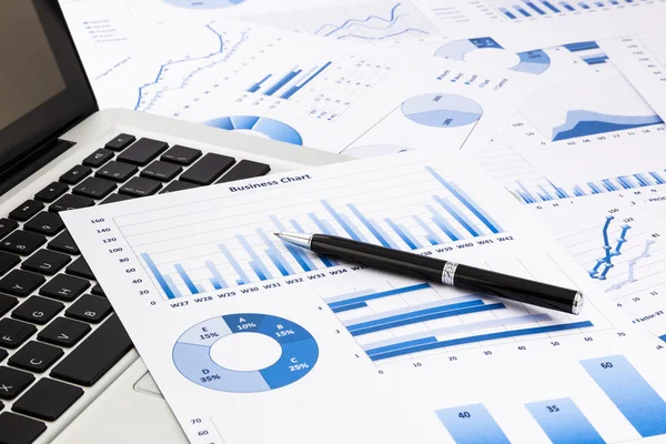 Bärbar dator och penna med blå business diagram, grafer, statistik och — Stockfoto