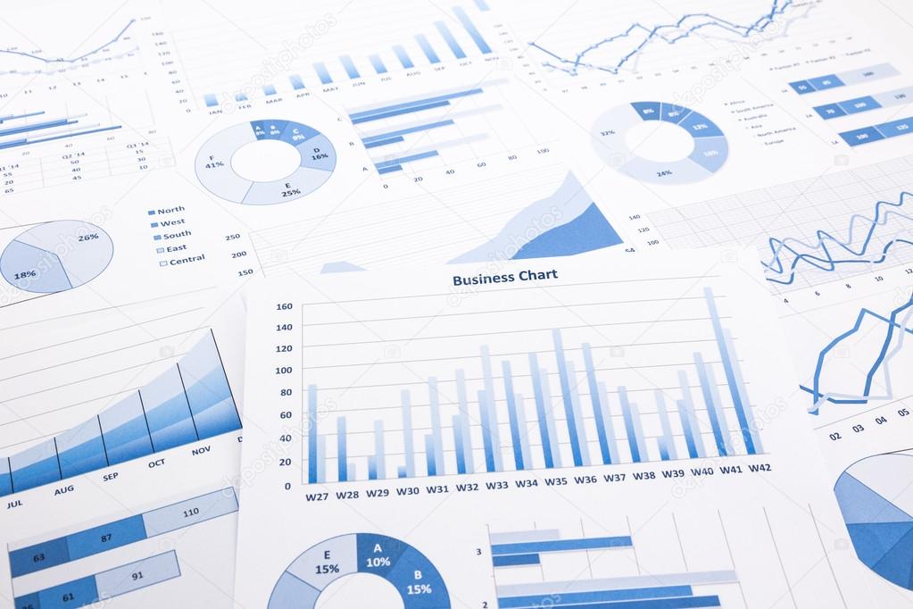Blue business charts, graphs, reports and paperwork