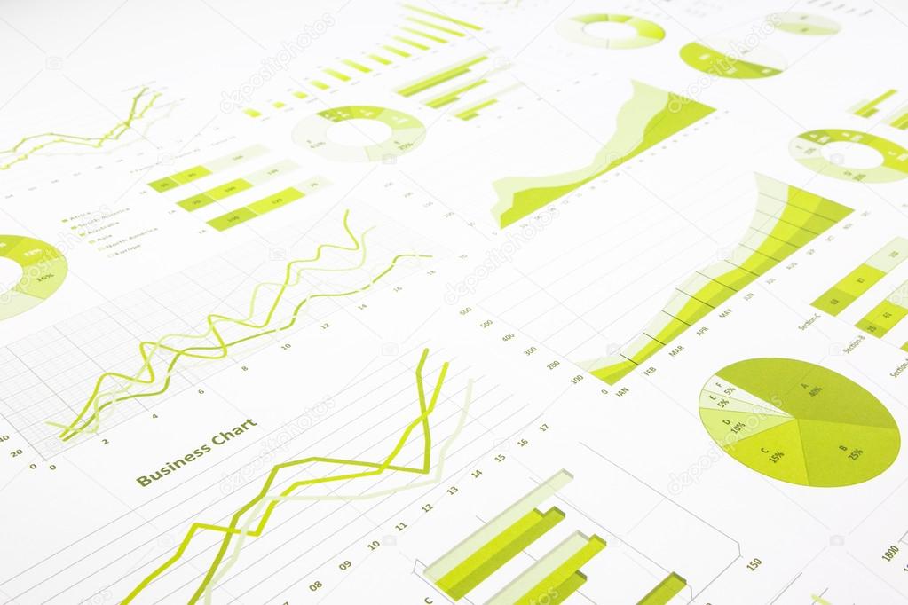 green graphs, charts, marketing research and  business annual re