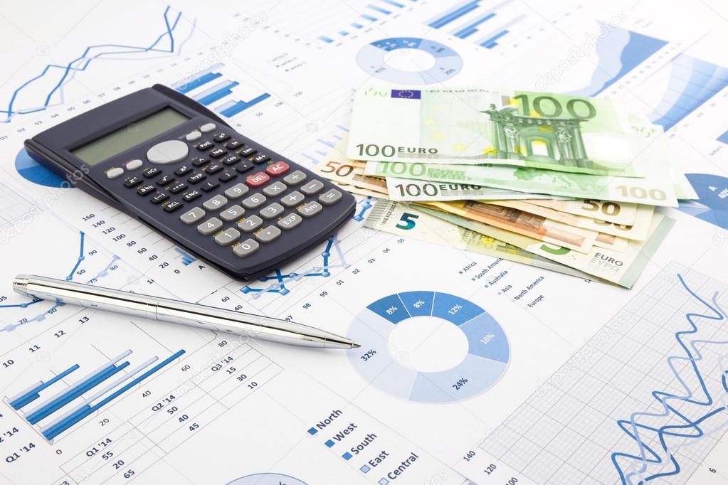 Euro currency on graphs, financial planning and expense report b