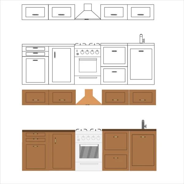 Flat Line Kitchen Design Vector Illustration — Vetor de Stock