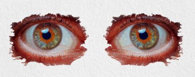 Güzel bir erkek gözünün resmi. Kılcal damarlı mavi kahverengi gözleri kapatın. Beyaz kağıt dokusunda insan gözü sanatı.