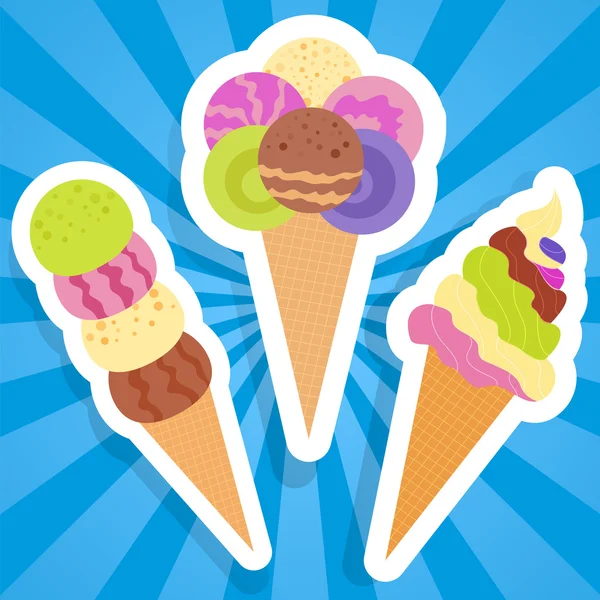 Set colorful ice cream icon on blue beams background — Stock Vector