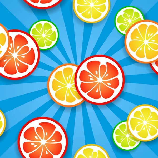 Slices of funny fresh citrus fruits on blue beams background — Stock Vector