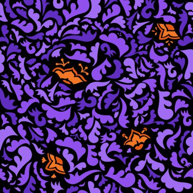çiçek arka plan ile soyut mor, turuncu ve siyah seamless modeli