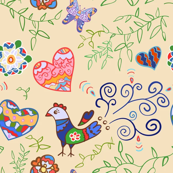 Цветочный бесшовный узор с цветами, птицей, сердцами и бабочкой — стоковый вектор