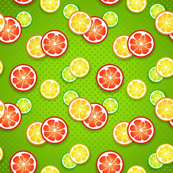 緑の水玉の背景に新鮮な柑橘系の果物のスライス. — ストックベクタ