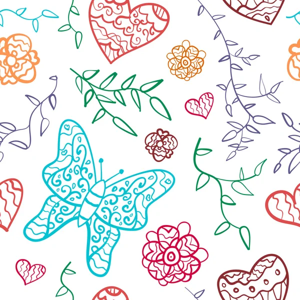 Floral seamless pattern with flowers, hearts and butterfly. — Stock Vector