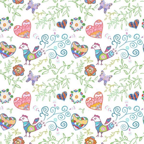 Floral seamless pattern with flowers, bird, hearts and butterfly — Stock Vector