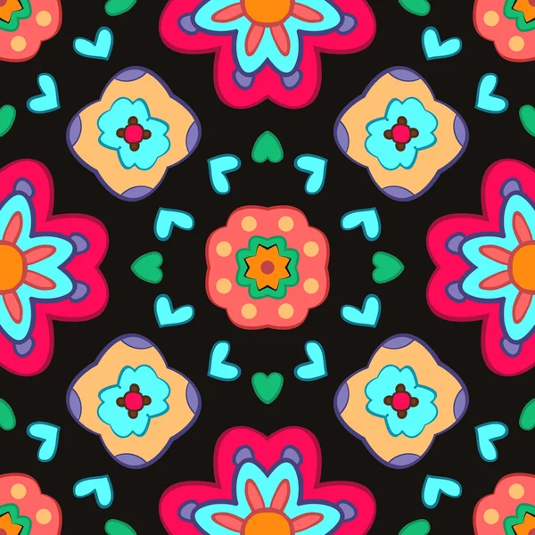 Geometrische abstracte kleurrijke bloemenpatroon op zwarte achtergrond. — Stockvector