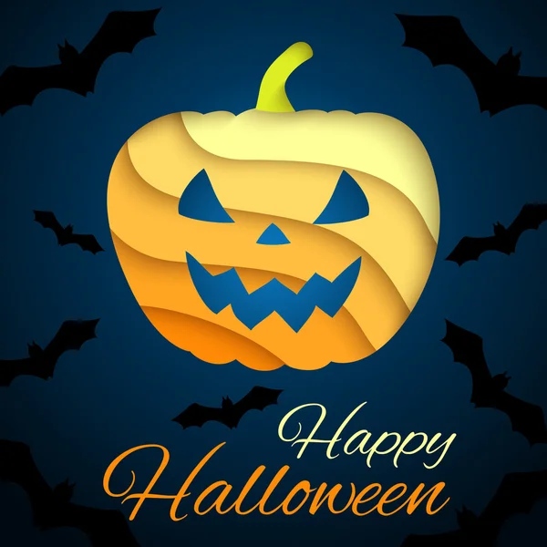 Feliz tarjeta de Halloween. Calabaza de papel sobre fondo oscuro con murciélagos. Ilustración vectorial para su diseño de vacaciones . — Vector de stock