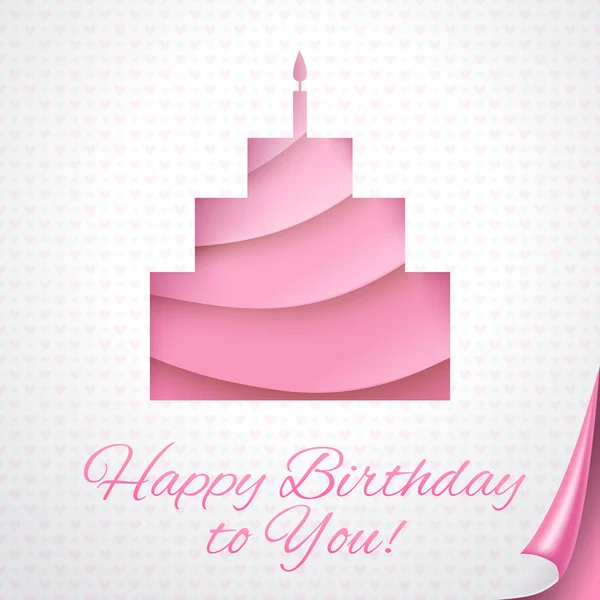 Happy birthday pink postcard with cake. Vector illustration — Stock Vector