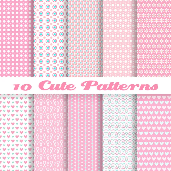 Cute different vector seamless patterns (tiling). Pink color — Stock Vector