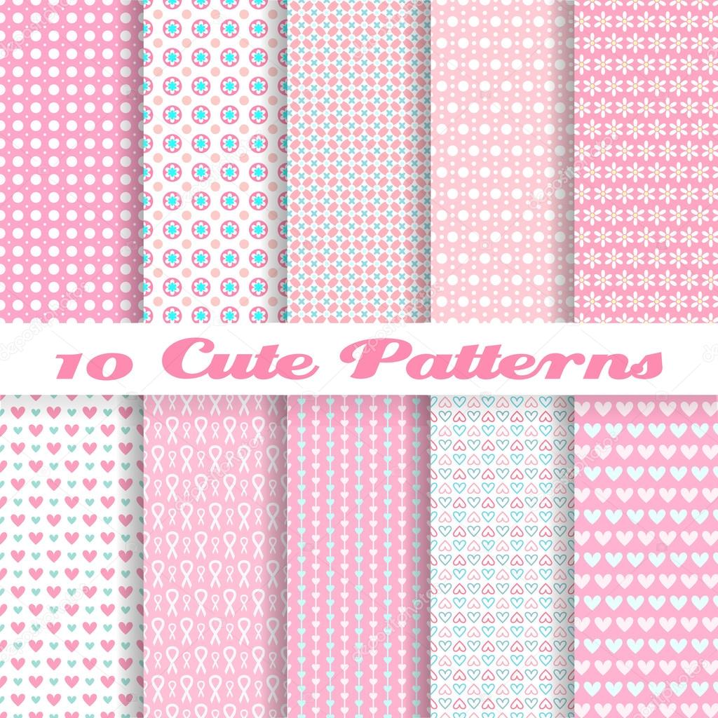 Cute different vector seamless patterns (tiling). Pink color