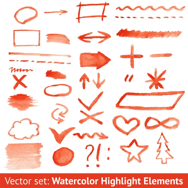 Uppsättning röda akvarell markera element. vektor — Stock vektor