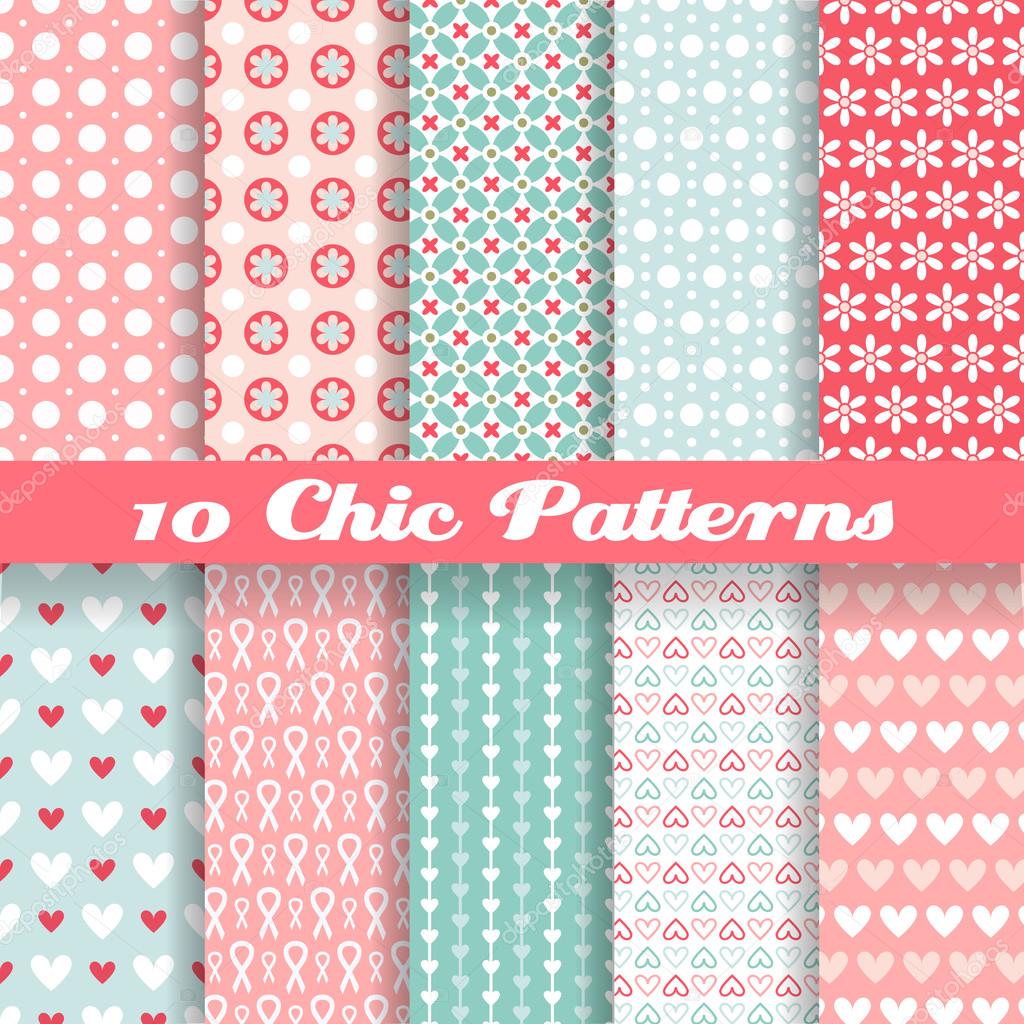 10 Chic different vector seamless patterns (tiling). Pink and blue color. Endless texture can be used for printing onto fabric and paper or stock vector
