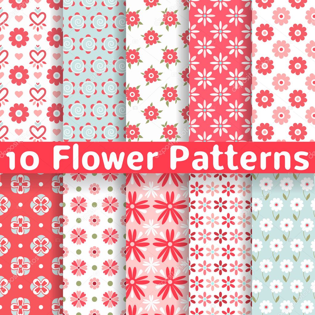 Different flower vector seamless patterns (tiling).
