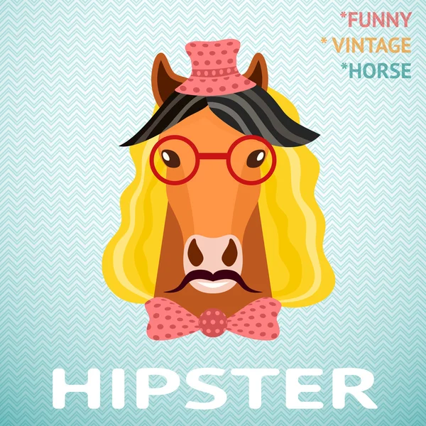 Portret van grappige vintage hipster paard met snor, rode glas — Stockvector
