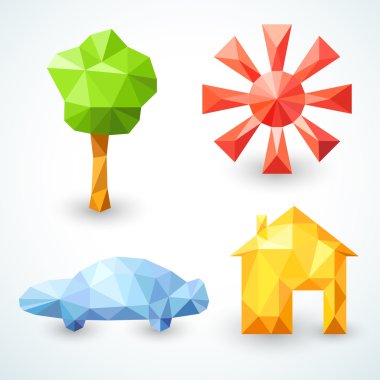 Ev, Araba, ağaç ve güneş Icons set. Vektör çizim