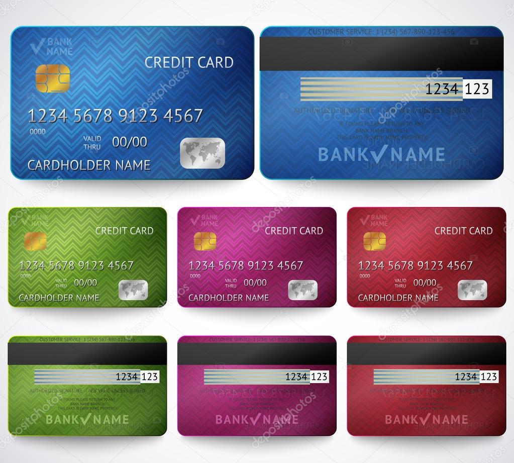 Set of realistic credit card two sides isolated