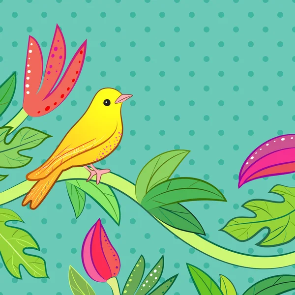 Leuchtend gelb, orange kleiner tropischer Waldvogel und wildes Grün — Stockvektor