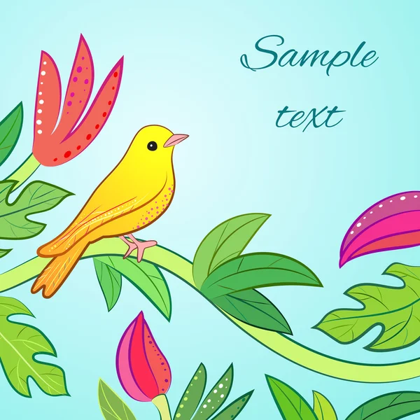 Amarillo brillante, naranja pequeño pájaro del bosque tropical — Vector de stock