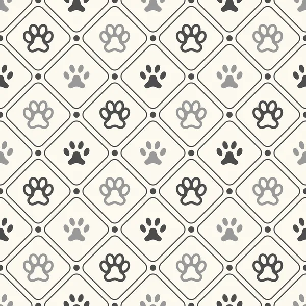 Seamless animal pattern of paw footprint in frame and polka dot. — Stock Vector