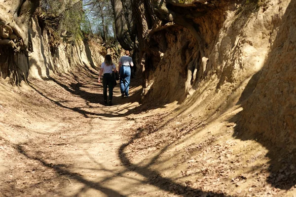 Les Touristes Marchent Dans Moins Ravin Korzeniowy Dol Kazimierz Dolny — Photo