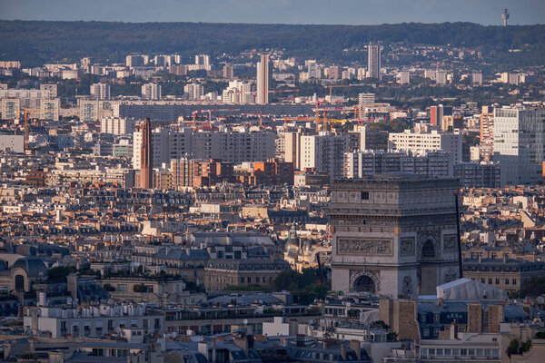 Panorama Aerial View - Skyline of Paris, France. A view from the top platform of Eiffel tower to the Triumph Arch