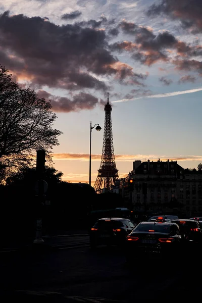 Coucher Soleil Avec Vue Sur Tour Eiffel Paris France — Photo