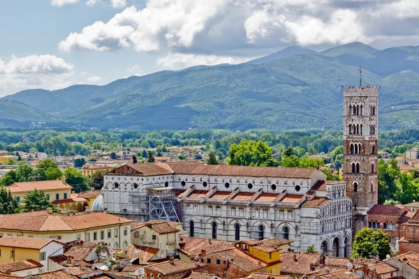 查看在意大利小镇卢卡与典型兵马俑屋顶 — 图库照片