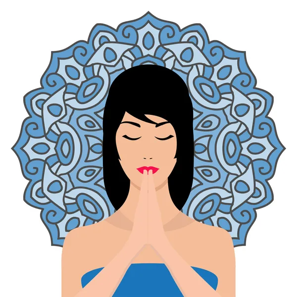 Girl practicing meditation,with mandala on the background — Stock Vector