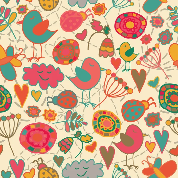 Cute Seamless Pattern with Birds and Flowers — Stock Vector