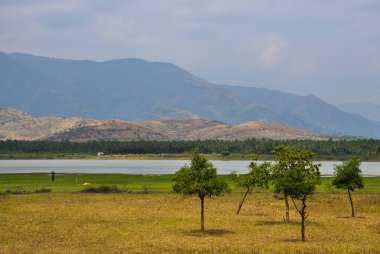 Kodaikanal yakınlarındaki bir dağ manzarasının arka planında ağaçlar ve bir nehir, Tamil Nadu, Hindistan, Şubat 2018