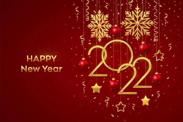 Happy New 2022 Year Hanging Golden Metallic Numbers 2022 Shining — Stock Vector