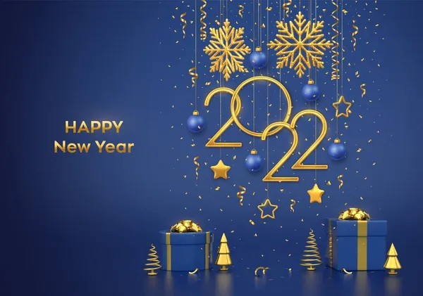 Šťastný Nový Rok2022 Visící Zlatá Kovová Čísla 2022 Sněhovými Vločkami — Stockový vektor