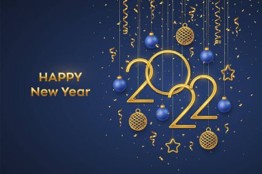 Mutlu 2022 seneleri. 3D parlayan metalik yıldızlar, toplar ve konfetilerin bulunduğu 2022 numaralı Altın metalik numaralar asılıyor. Yeni yıl tebrik kartı, afiş şablonu. Gerçekçi Vektör illüstrasyonu