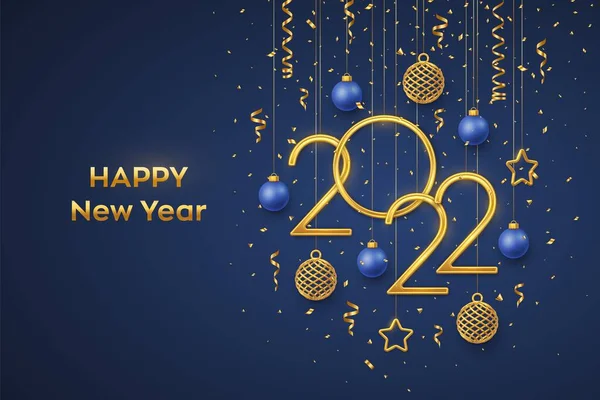 Bonne Année 2022 Numéros Métalliques Dorés Suspendus 2022 Avec Étoiles — Image vectorielle