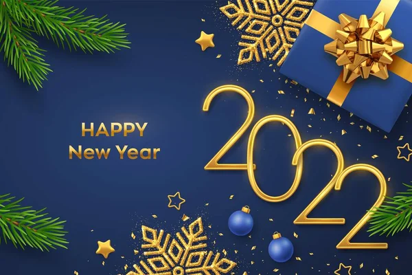 Šťastný Nový Rok2022 Zlatá Metalická Čísla 2022 Dárkovou Krabičkou Zářící — Stockový vektor
