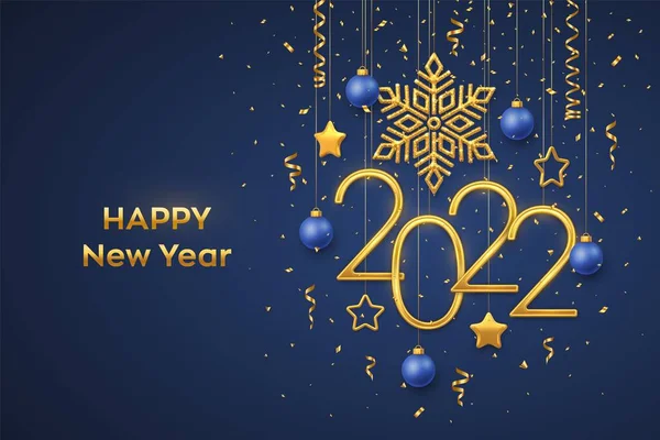 Καλή Χρονιά 2022 Κρεμαστά Χρυσά Μεταλλικά Νούμερα 2022 Λαμπερή Νιφάδα — Διανυσματικό Αρχείο