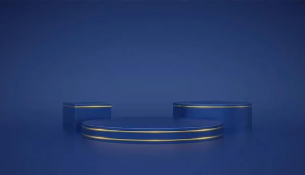 ブルーラウンドとキューブの表彰台 青の背景に金の円を持つシーンと3Dプラットフォーム 空白の台座の最小限の概念 受賞デザイン テンプレートの表示と販売 現実的なベクトル — ストックベクタ
