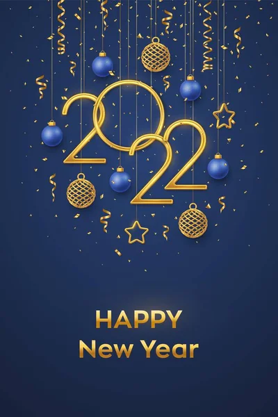 Šťastný Nový Rok2022 Visící Zlatá Kovová Čísla 2022 Třpytivými Kovovými — Stockový vektor
