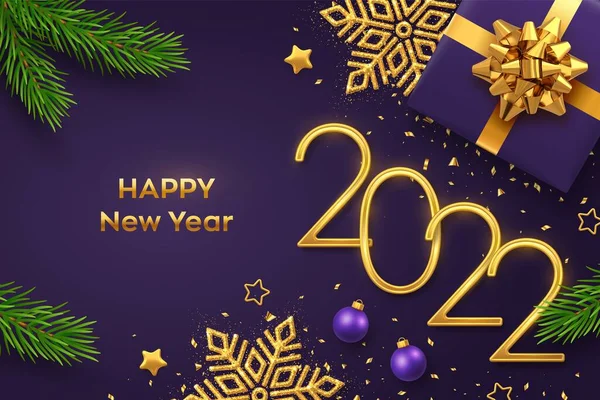 Frohes Neues Jahr 2022 Goldene Metallische Zahlen 2022 Mit Geschenkbox — Stockvektor