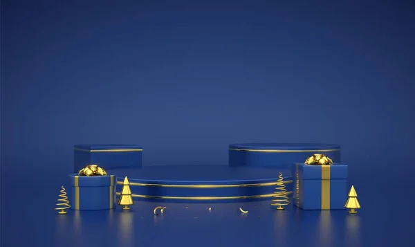 ブルーラウンドとキューブの表彰台 青の背景に金の円を持つシーンと3Dプラットフォーム 黄金の弓と黄金の金属松 トウヒの木とギフトボックスとブランク台座 ベクターイラスト — ストックベクタ