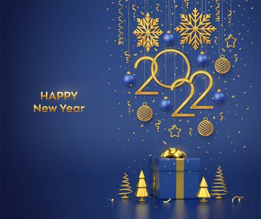 Mutlu 2022 seneleri. Mavi arka planda kar taneleri, yıldızlar ve toplarla birlikte 2022 numaralı altın metalik asılıydı. Hediye kutusu ve altın metalik çam veya köknar, koni şeklindeki ladin ağaçları. Vektör illüstrasyonu
