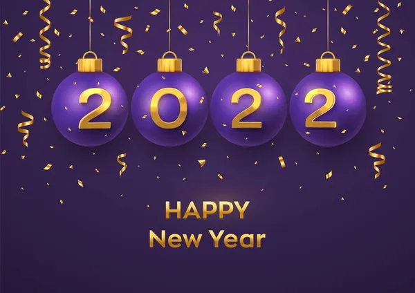 2022年あけましておめでとうございます 現実的な黄金の3D番号2022と輝きのコンフェッティと紫のクリスマスのバブルボールをぶら下げ グリーティングカード ホリデークリスマスの新年のポスター バナー チラシ ベクターイラスト — ストックベクタ